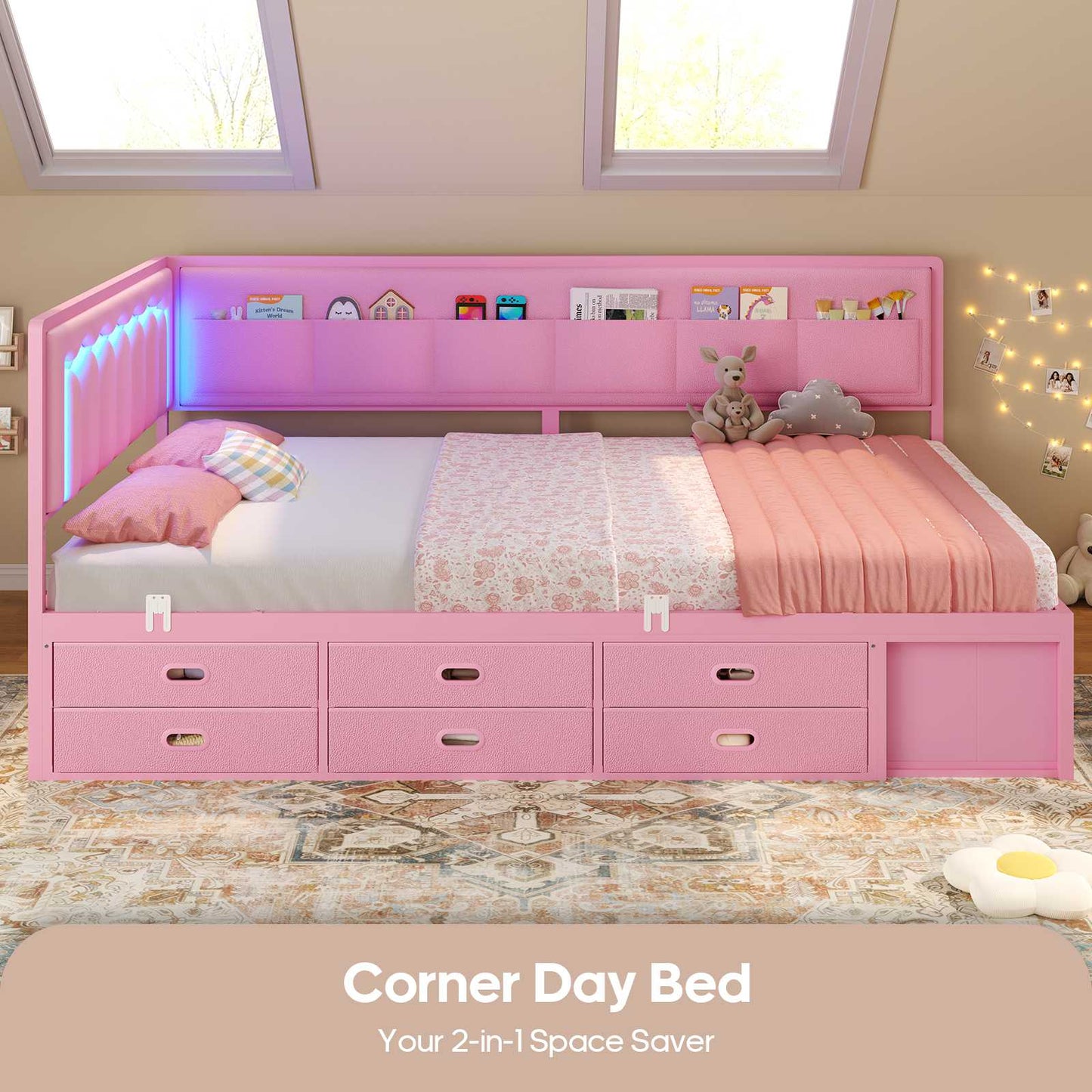 ADORNEVE Full Corner Bed Frame with 8 Drawers and 6 Storage Kids Teen Daybed with RGB Lights and L-Shaped Upholstered Guardrail