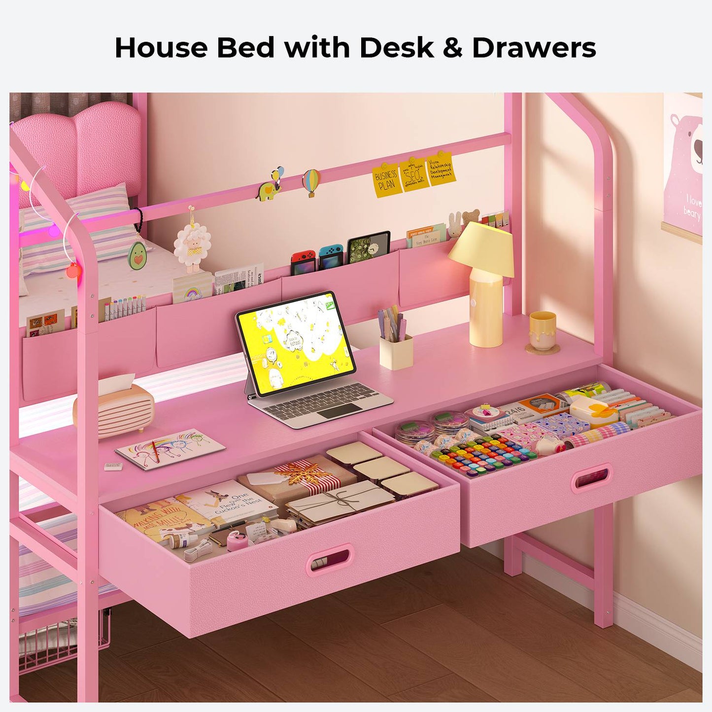 ADORNEVE Full Kids Bed with 4 Storage Drawers and Side Desk House Bed