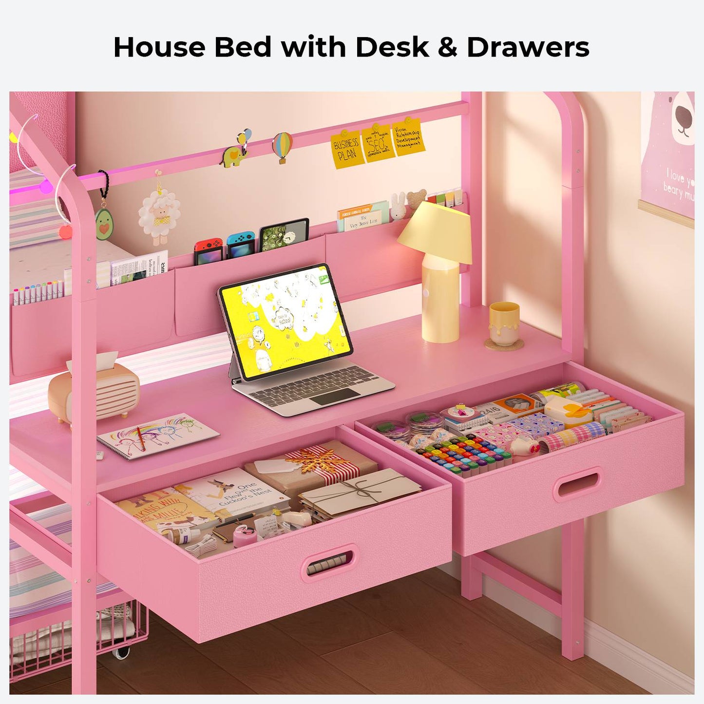 ADORNEVE Twin Kids Bed with 4 Storage Drawers and Side Desk All-In-One Kids Bed