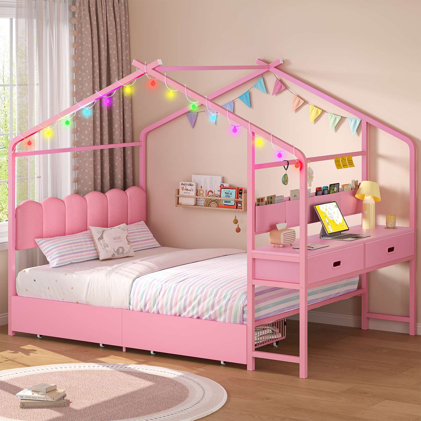 ADORNEVE Full Kids Bed with 4 Storage Drawers and Side Desk House Bed