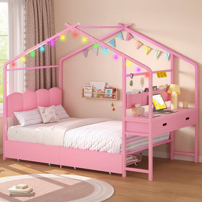 ADORNEVE Twin Kids Bed with 4 Storage Drawers and Side Desk All-In-One Kids Bed