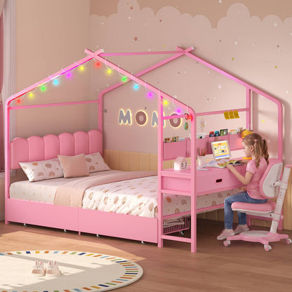 ADORNEVE Full Kids Bed with 4 Storage Drawers and Side Desk House Bed