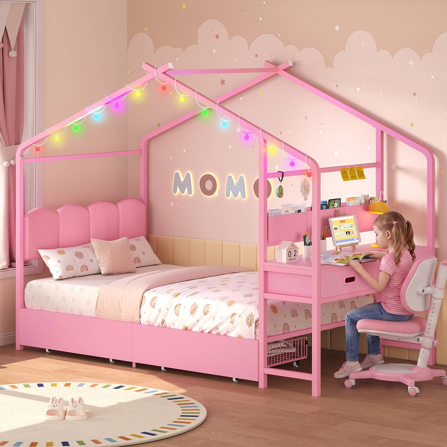 ADORNEVE Twin Kids Bed with 4 Storage Drawers and Side Desk All-In-One Kids Bed