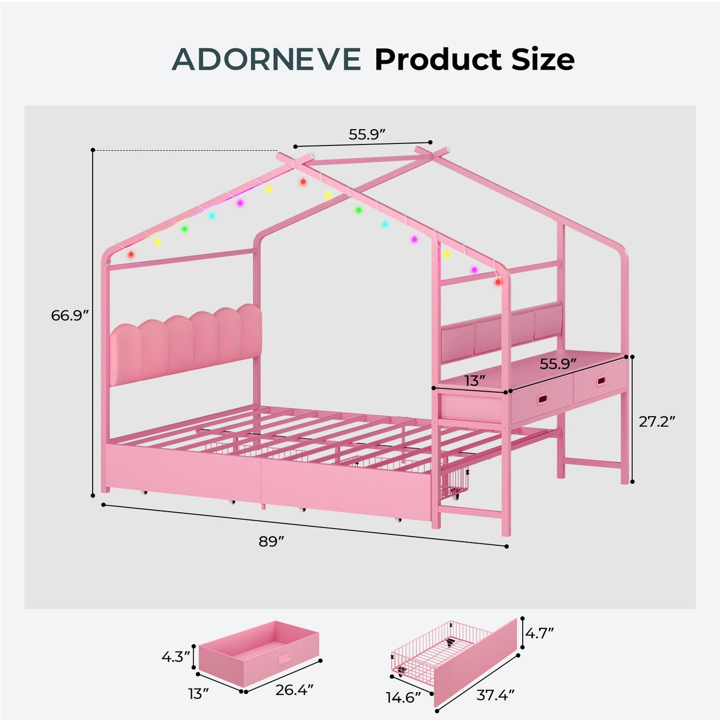 ADORNEVE Full Kids Bed with 4 Storage Drawers and Side Desk House Bed