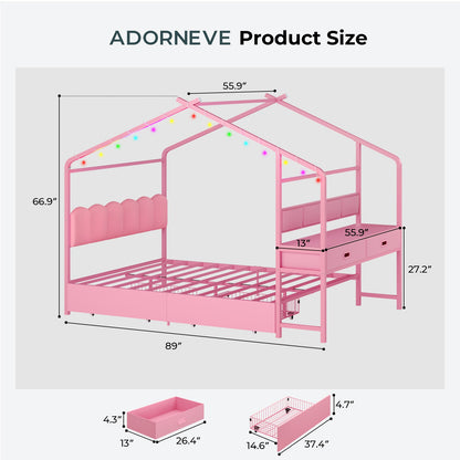 ADORNEVE Full Kids Bed with 4 Storage Drawers and Side Desk House Bed