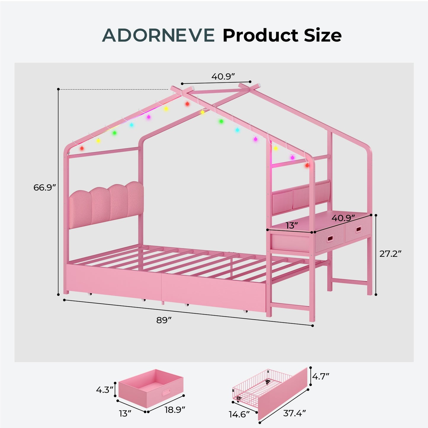 ADORNEVE Twin Kids Bed with 4 Storage Drawers and Side Desk All-In-One Kids Bed