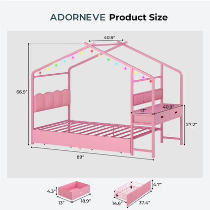 ADORNEVE Twin Kids Bed with 4 Storage Drawers and Side Desk All-In-One Kids Bed