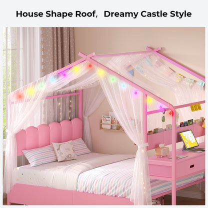 ADORNEVE Full Kids Bed with 4 Storage Drawers and Side Desk House Bed