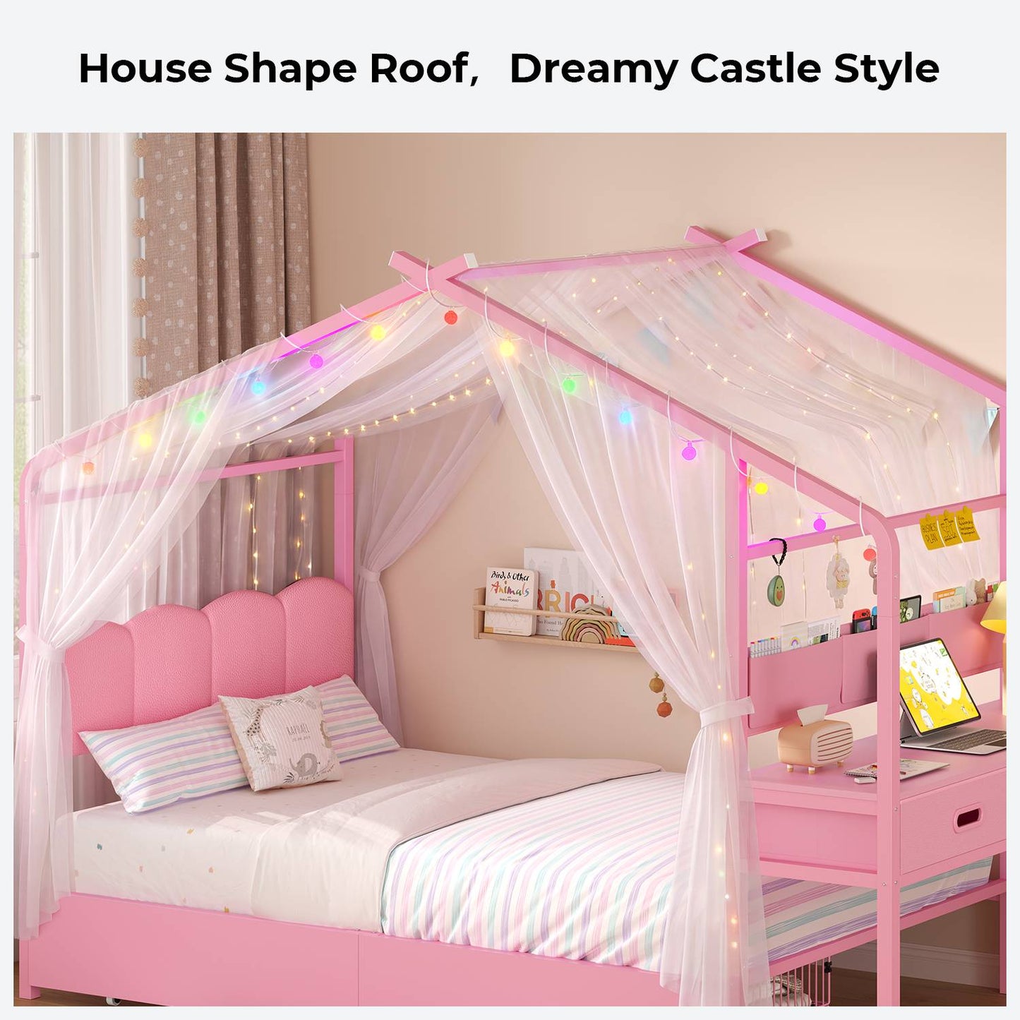 ADORNEVE Twin Kids Bed with 4 Storage Drawers and Side Desk All-In-One Kids Bed