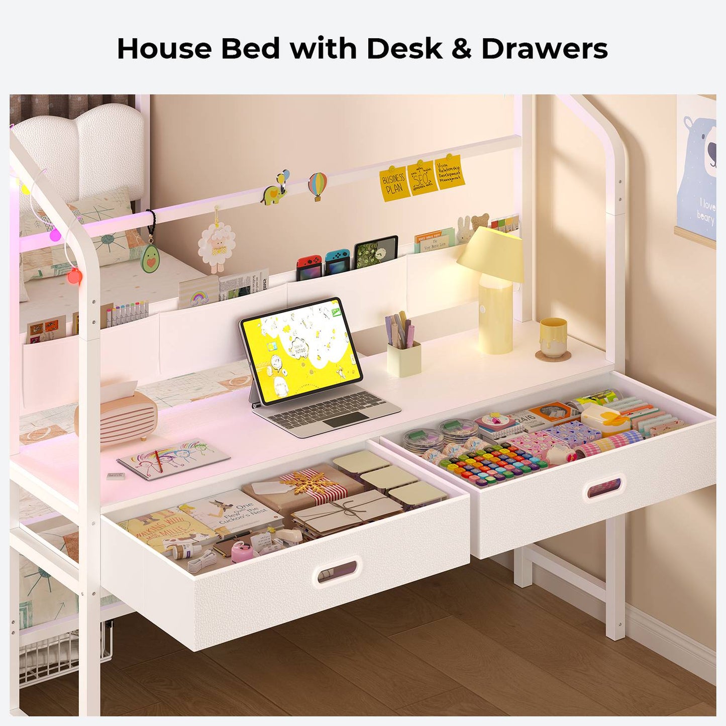 ADORNEVE Full Kids Bed with 4 Storage Drawers and Side Desk House Bed
