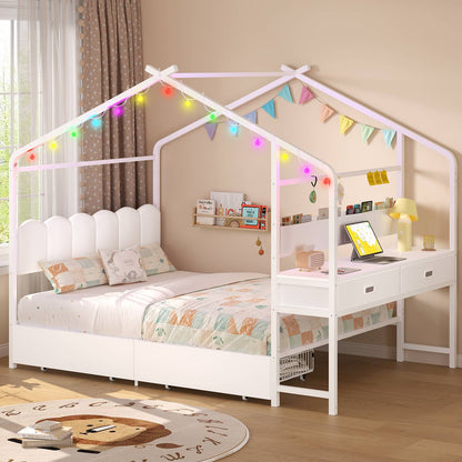 ADORNEVE Full Kids Bed with 4 Storage Drawers and Side Desk House Bed