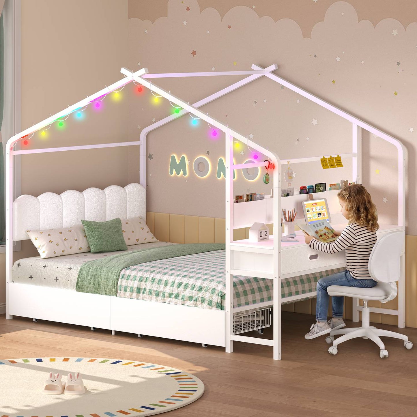 ADORNEVE Full Kids Bed with 4 Storage Drawers and Side Desk House Bed