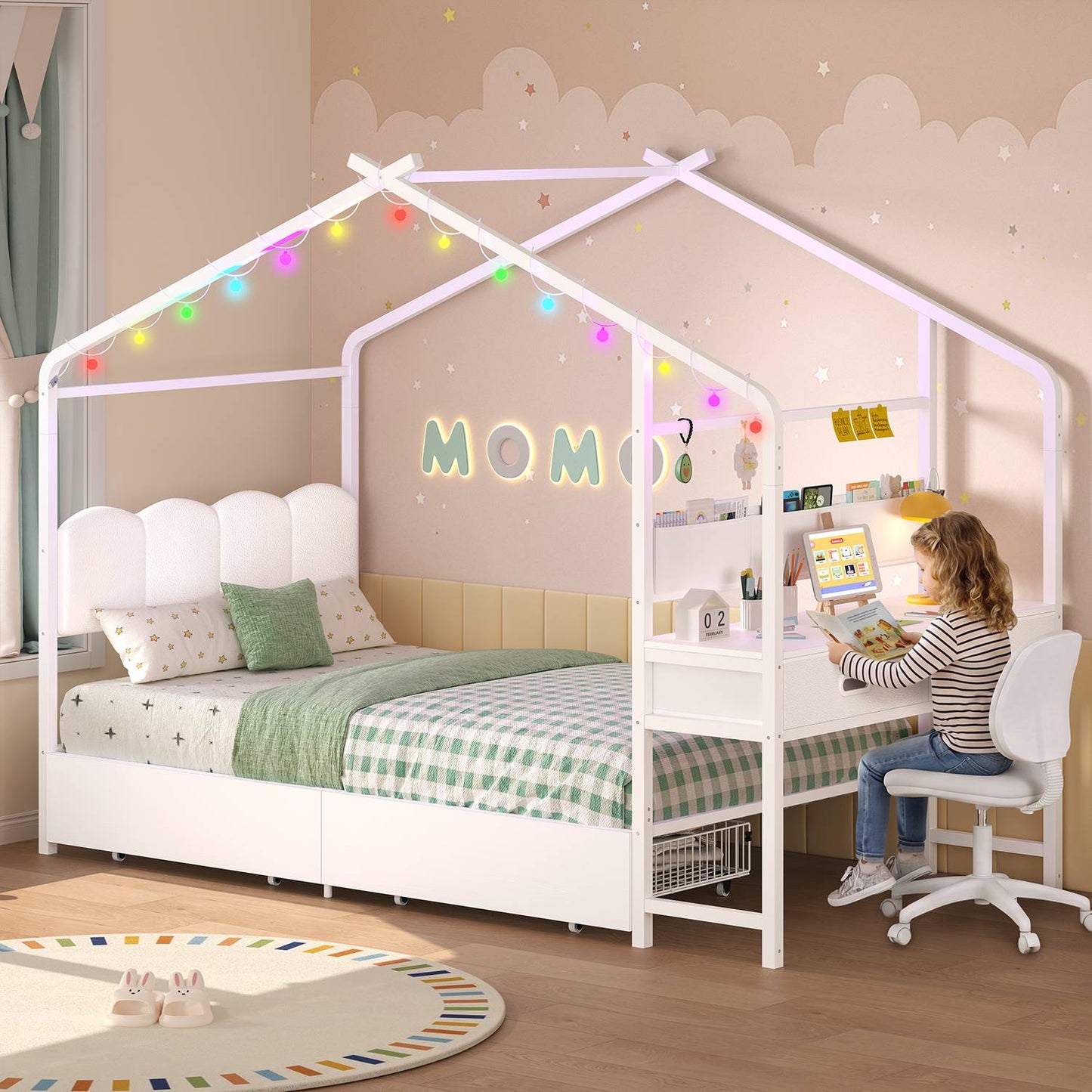ADORNEVE Twin Kids Bed with 4 Storage Drawers and Side Desk All-In-One Kids Bed