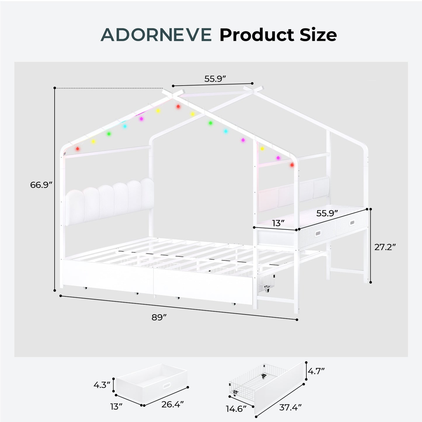 ADORNEVE Full Kids Bed with 4 Storage Drawers and Side Desk House Bed