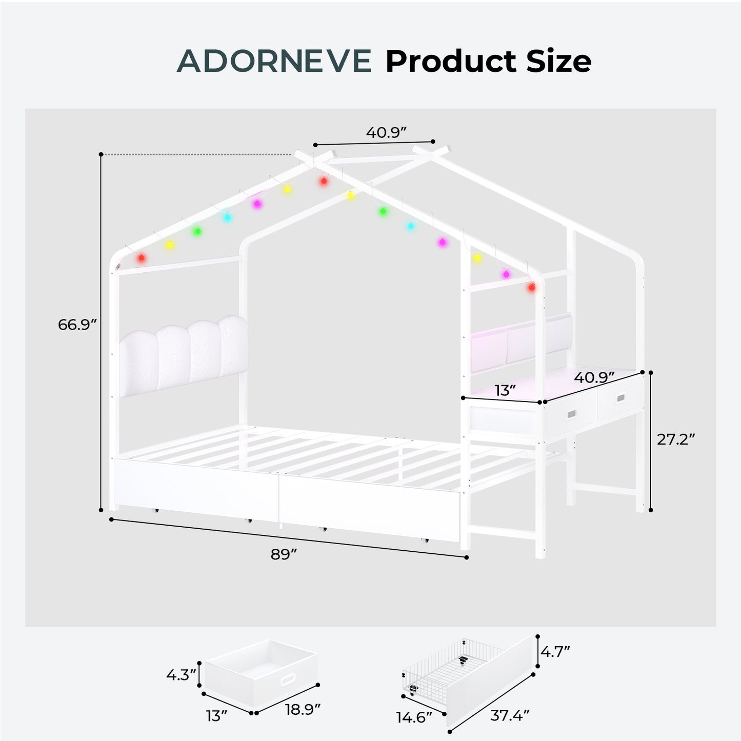 ADORNEVE Twin Kids Bed with 4 Storage Drawers and Side Desk All-In-One Kids Bed