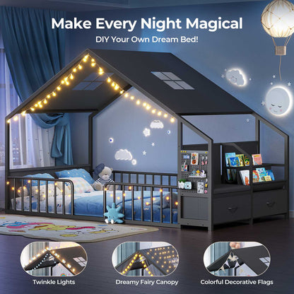 ADORNEVE Montessori Twin Floor Bed Frame with Storage Drawers and Safety Guardrail House Shape Toddler Bed with Reading Nook and Bookshelves