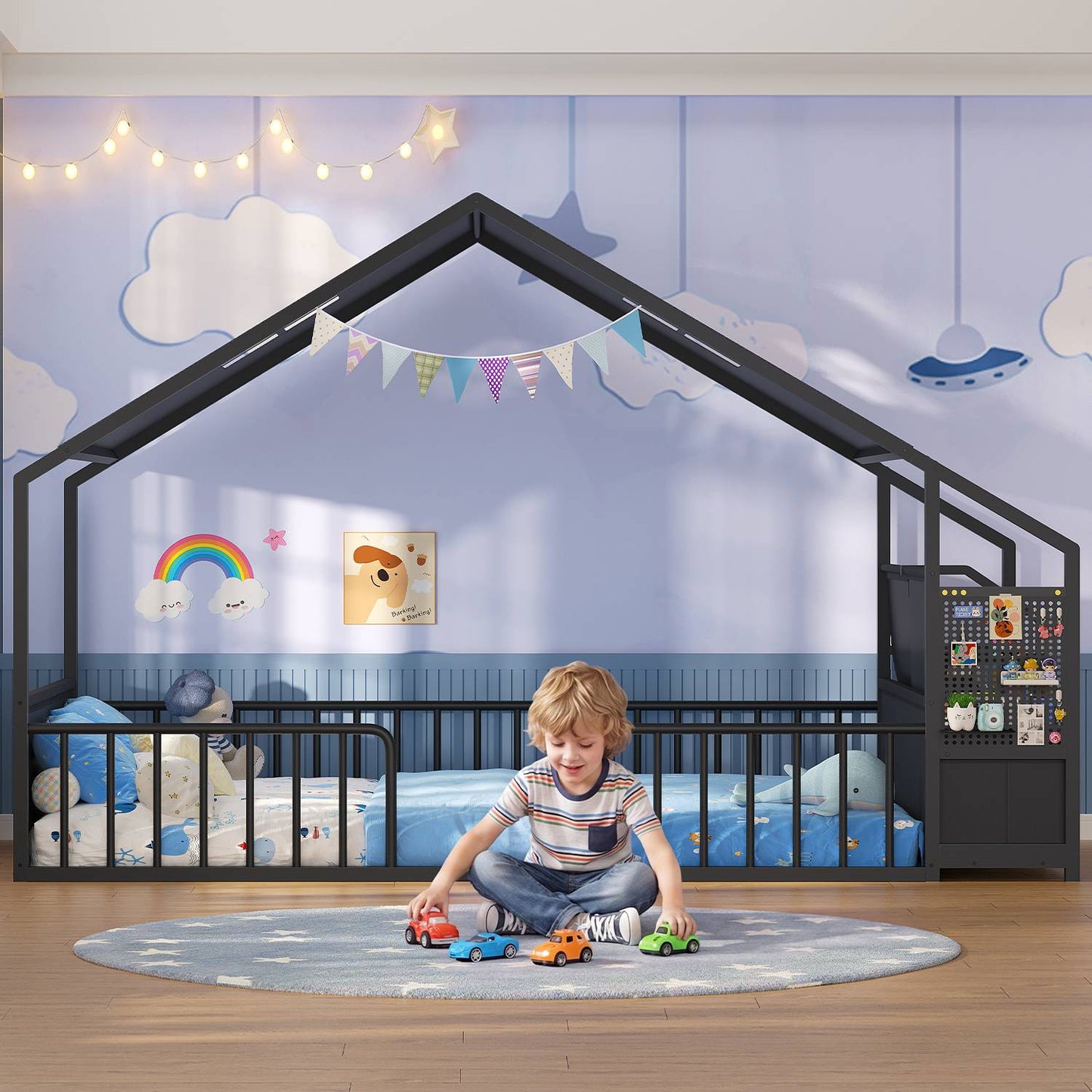 ADORNEVE Montessori Twin Floor Bed Frame with Storage Drawers and Safety Guardrail House Shape Toddler Bed with Reading Nook and Bookshelves