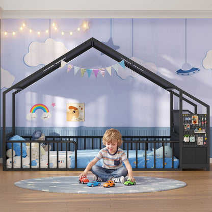 ADORNEVE Montessori Twin Floor Bed Frame with Storage Drawers and Safety Guardrail House Shape Toddler Bed with Reading Nook and Bookshelves