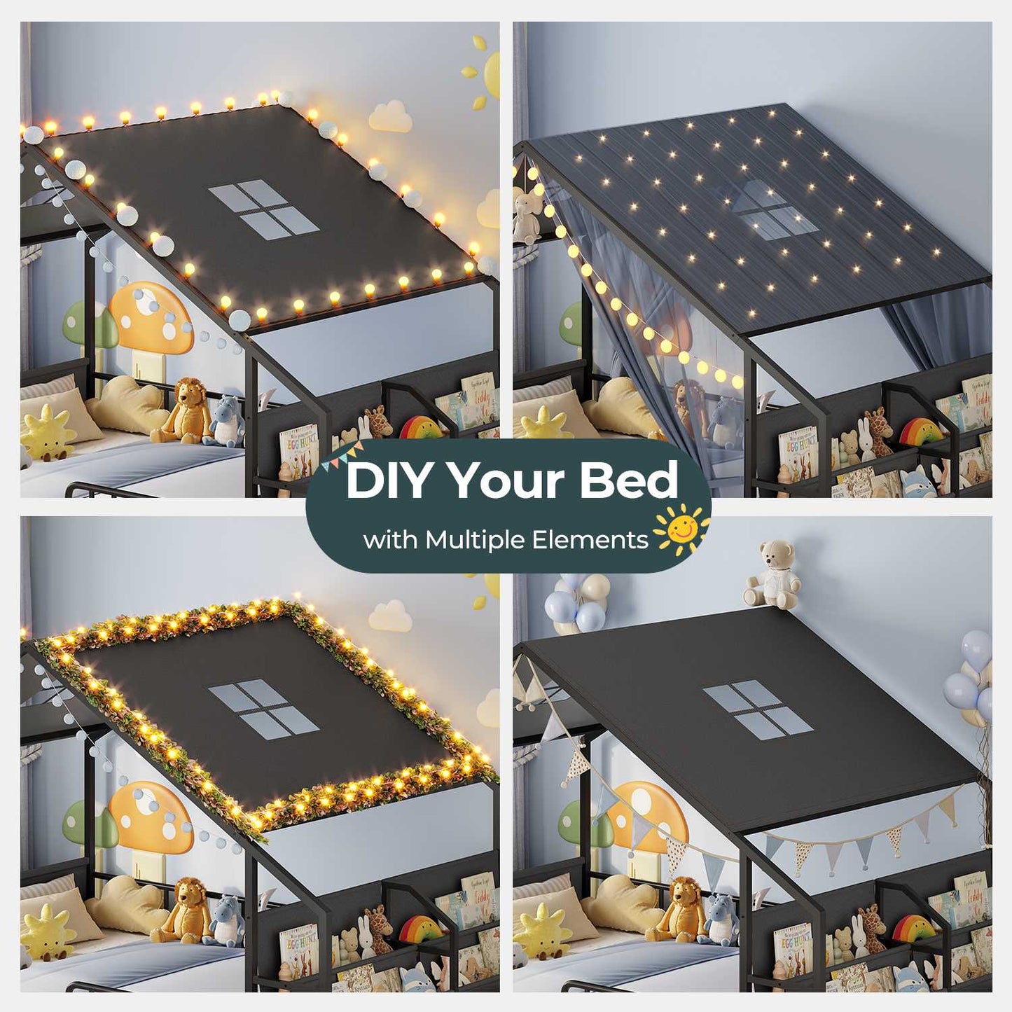 ADORNEVE Montessori Twin Floor Bed Frame with Storage Drawers and Safety Guardrail House Shape Toddler Bed with Reading Nook and Bookshelves