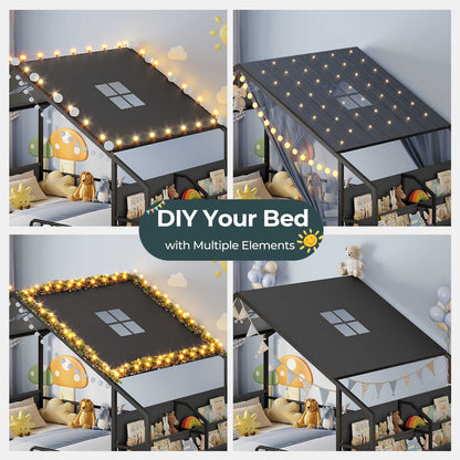 ADORNEVE Montessori Twin Floor Bed Frame with Storage Drawers and Safety Guardrail House Shape Toddler Bed with Reading Nook and Bookshelves