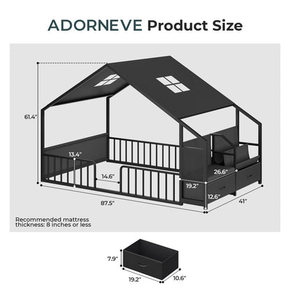 ADORNEVE Montessori Twin Floor Bed Frame with Storage Drawers and Safety Guardrail House Shape Toddler Bed with Reading Nook and Bookshelves