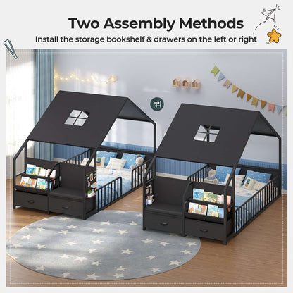 ADORNEVE Montessori Twin Floor Bed Frame with Storage Drawers and Safety Guardrail House Shape Toddler Bed with Reading Nook and Bookshelves