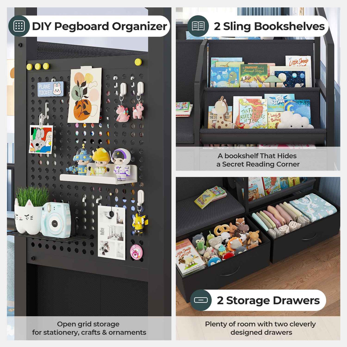 ADORNEVE Montessori Twin Floor Bed Frame with Storage Drawers and Safety Guardrail House Shape Toddler Bed with Reading Nook and Bookshelves