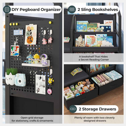 ADORNEVE Montessori Twin Floor Bed Frame with Storage Drawers and Safety Guardrail House Shape Toddler Bed with Reading Nook and Bookshelves