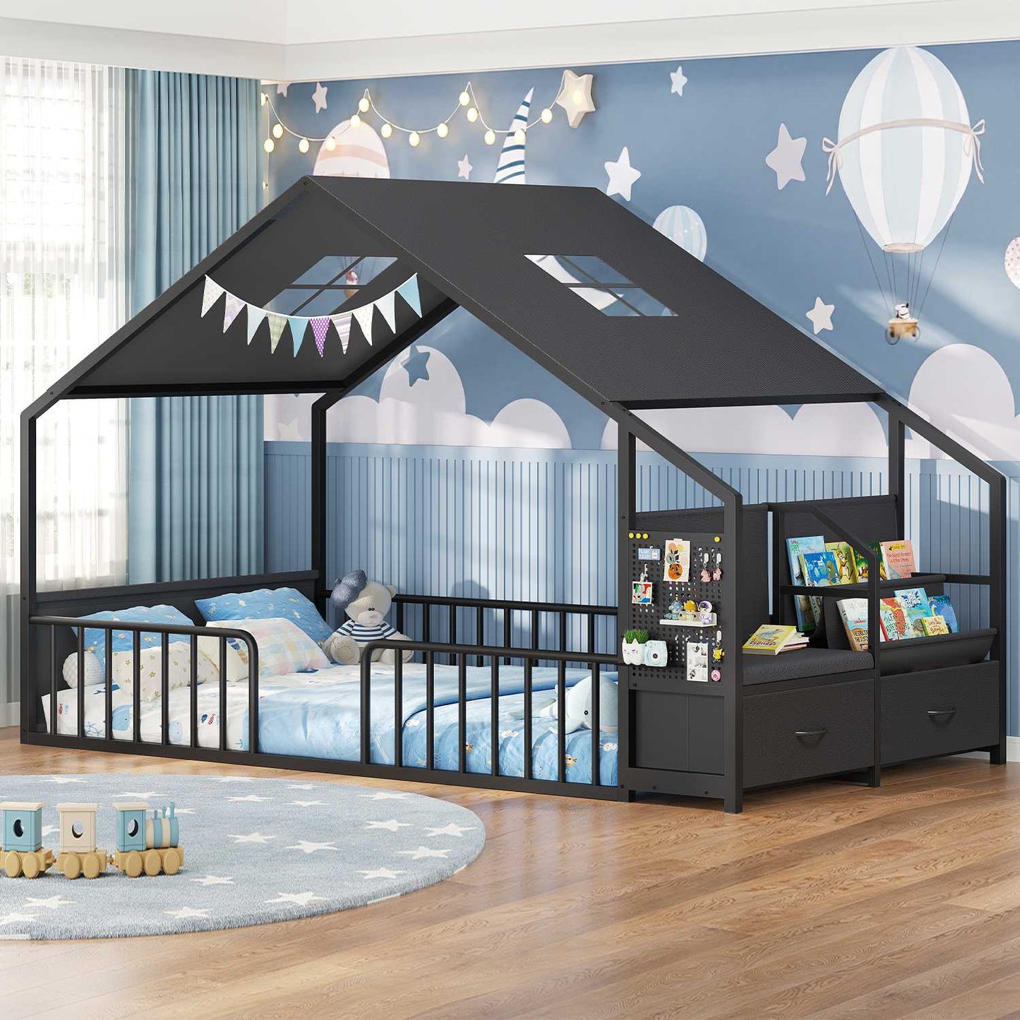 ADORNEVE Montessori Twin Floor Bed Frame with Storage Drawers and Safety Guardrail House Shape Toddler Bed with Reading Nook and Bookshelves