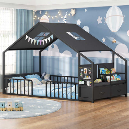 ADORNEVE Montessori Twin Floor Bed Frame with Storage Drawers and Safety Guardrail House Shape Toddler Bed with Reading Nook and Bookshelves