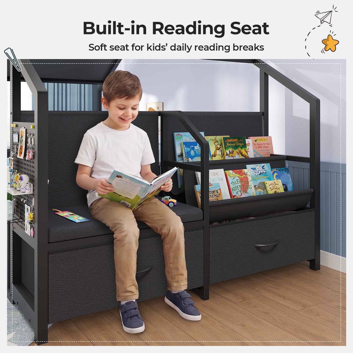 ADORNEVE Montessori Twin Floor Bed Frame with Storage Drawers and Safety Guardrail House Shape Toddler Bed with Reading Nook and Bookshelves