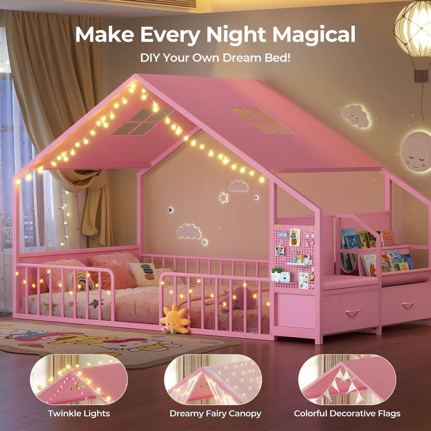 ADORNEVE Montessori Twin Floor Bed Frame with Storage Drawers and Safety Guardrail House Shape Toddler Bed with Reading Nook and Bookshelves