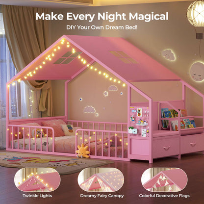ADORNEVE Montessori Twin Floor Bed Frame with Storage Drawers and Safety Guardrail House Shape Toddler Bed with Reading Nook and Bookshelves
