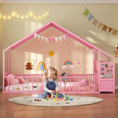 ADORNEVE Montessori Twin Floor Bed Frame with Storage Drawers and Safety Guardrail House Shape Toddler Bed with Reading Nook and Bookshelves