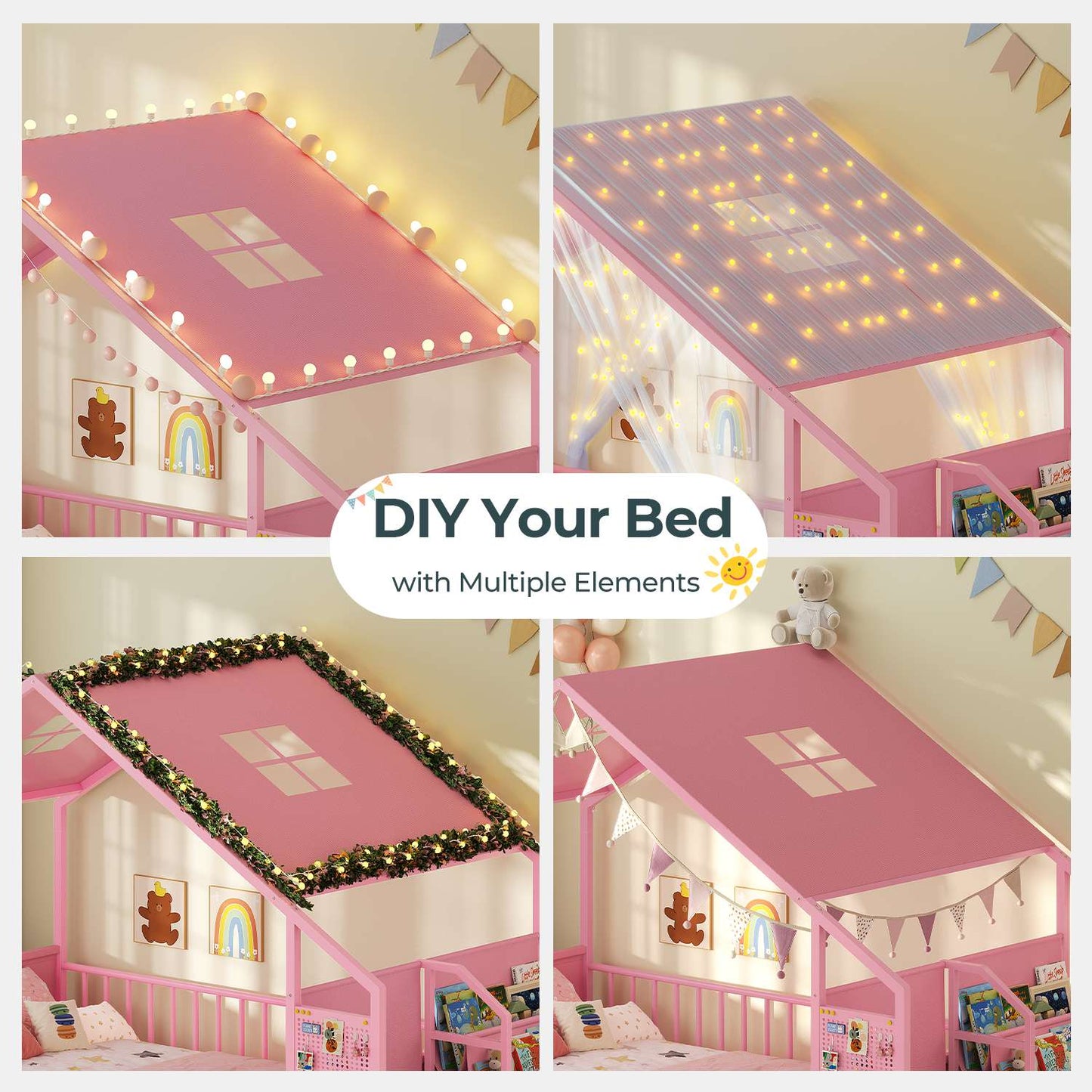 ADORNEVE Montessori Twin Floor Bed Frame with Storage Drawers and Safety Guardrail House Shape Toddler Bed with Reading Nook and Bookshelves