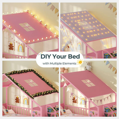 ADORNEVE Montessori Twin Floor Bed Frame with Storage Drawers and Safety Guardrail House Shape Toddler Bed with Reading Nook and Bookshelves