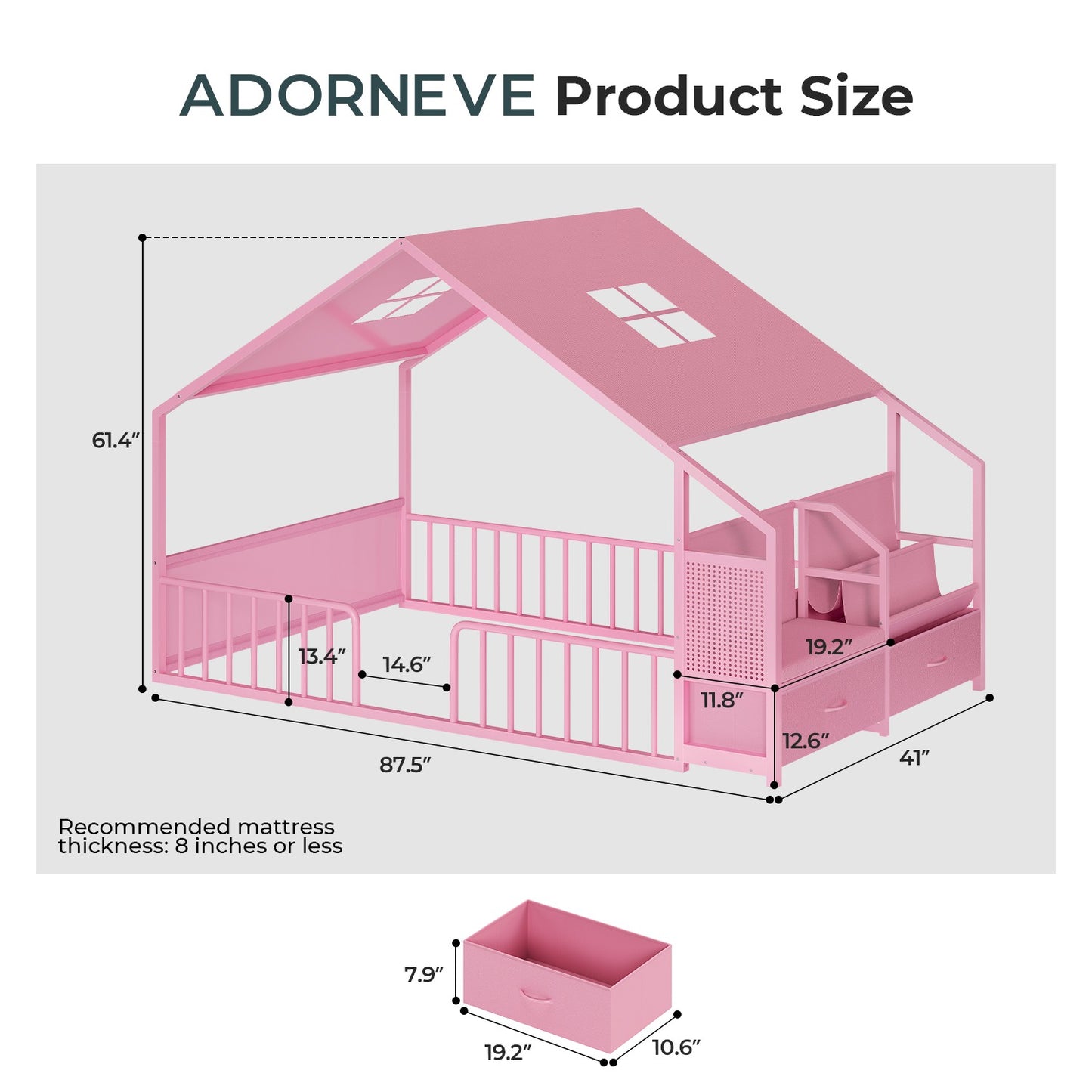 ADORNEVE Montessori Twin Floor Bed Frame with Storage Drawers and Safety Guardrail House Shape Toddler Bed with Reading Nook and Bookshelves