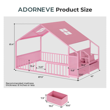 ADORNEVE Montessori Twin Floor Bed Frame with Storage Drawers and Safety Guardrail House Shape Toddler Bed with Reading Nook and Bookshelves