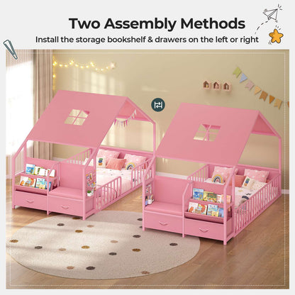 ADORNEVE Montessori Twin Floor Bed Frame with Storage Drawers and Safety Guardrail House Shape Toddler Bed with Reading Nook and Bookshelves