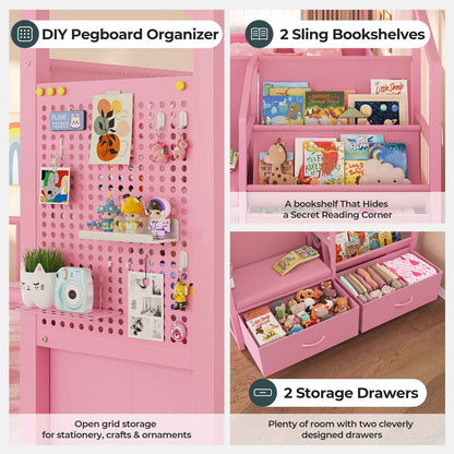 ADORNEVE Montessori Twin Floor Bed Frame with Storage Drawers and Safety Guardrail House Shape Toddler Bed with Reading Nook and Bookshelves