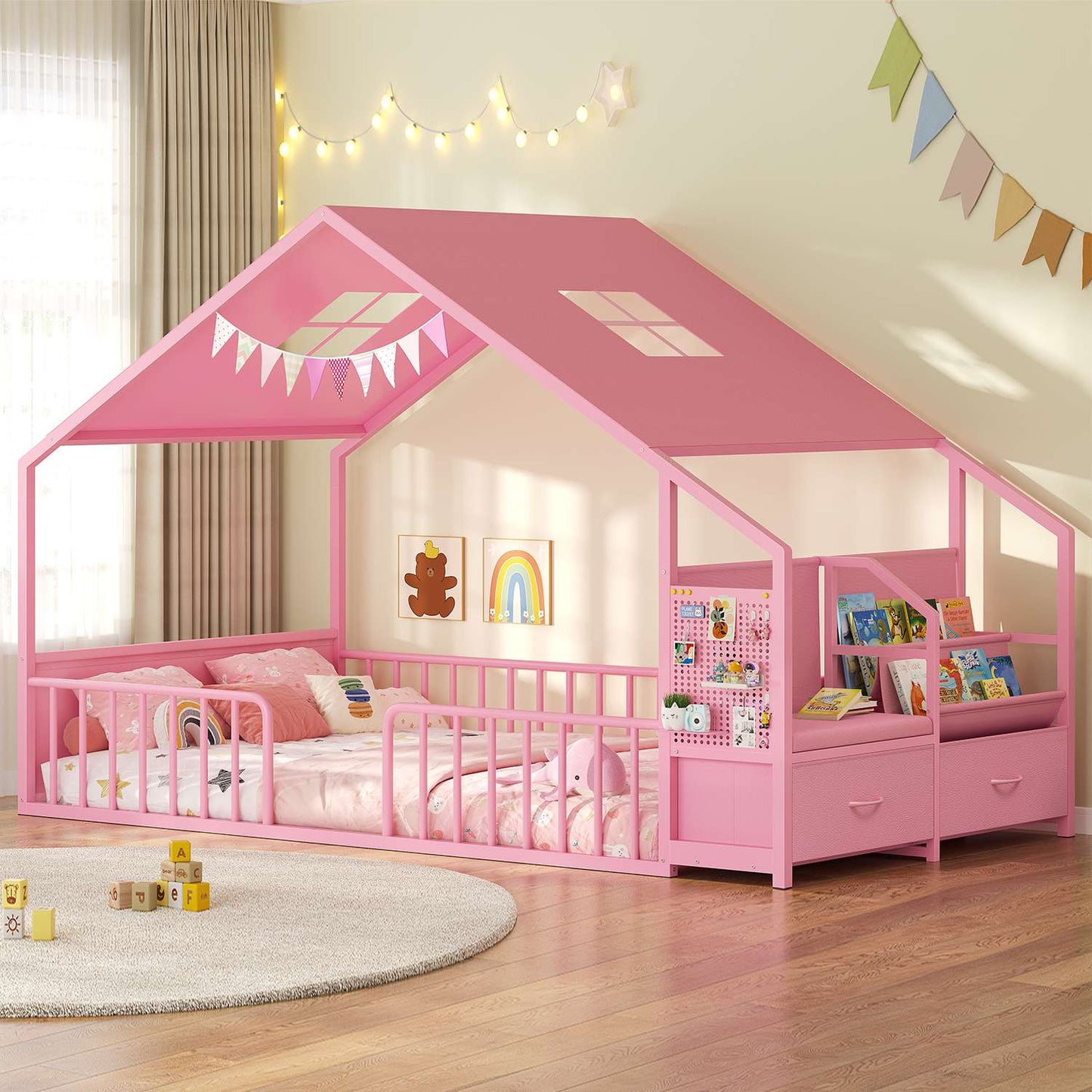 ADORNEVE Montessori Twin Floor Bed Frame with Storage Drawers and Safety Guardrail House Shape Toddler Bed with Reading Nook and Bookshelves