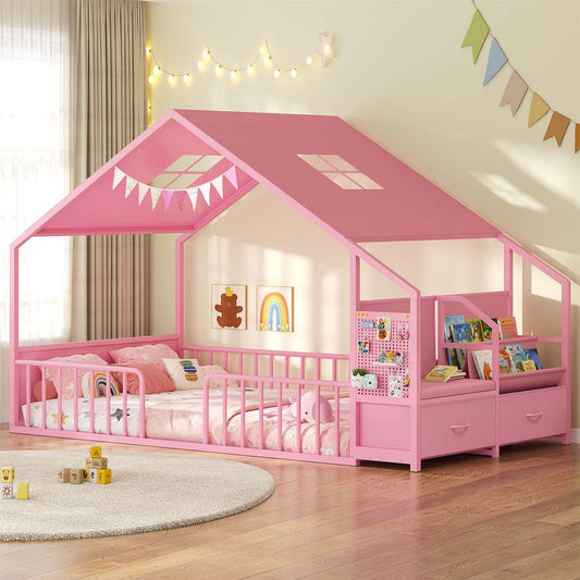 ADORNEVE Montessori Twin Floor Bed Frame with Storage Drawers and Safety Guardrail House Shape Toddler Bed with Reading Nook and Bookshelves