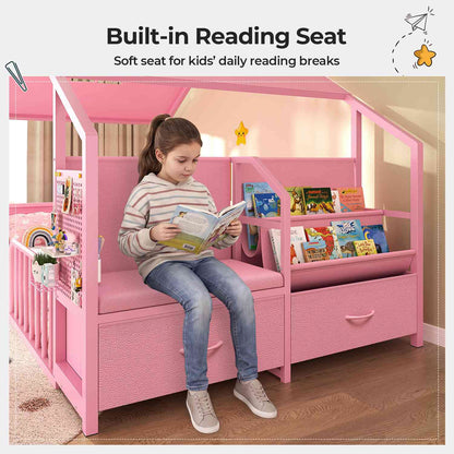ADORNEVE Montessori Twin Floor Bed Frame with Storage Drawers and Safety Guardrail House Shape Toddler Bed with Reading Nook and Bookshelves