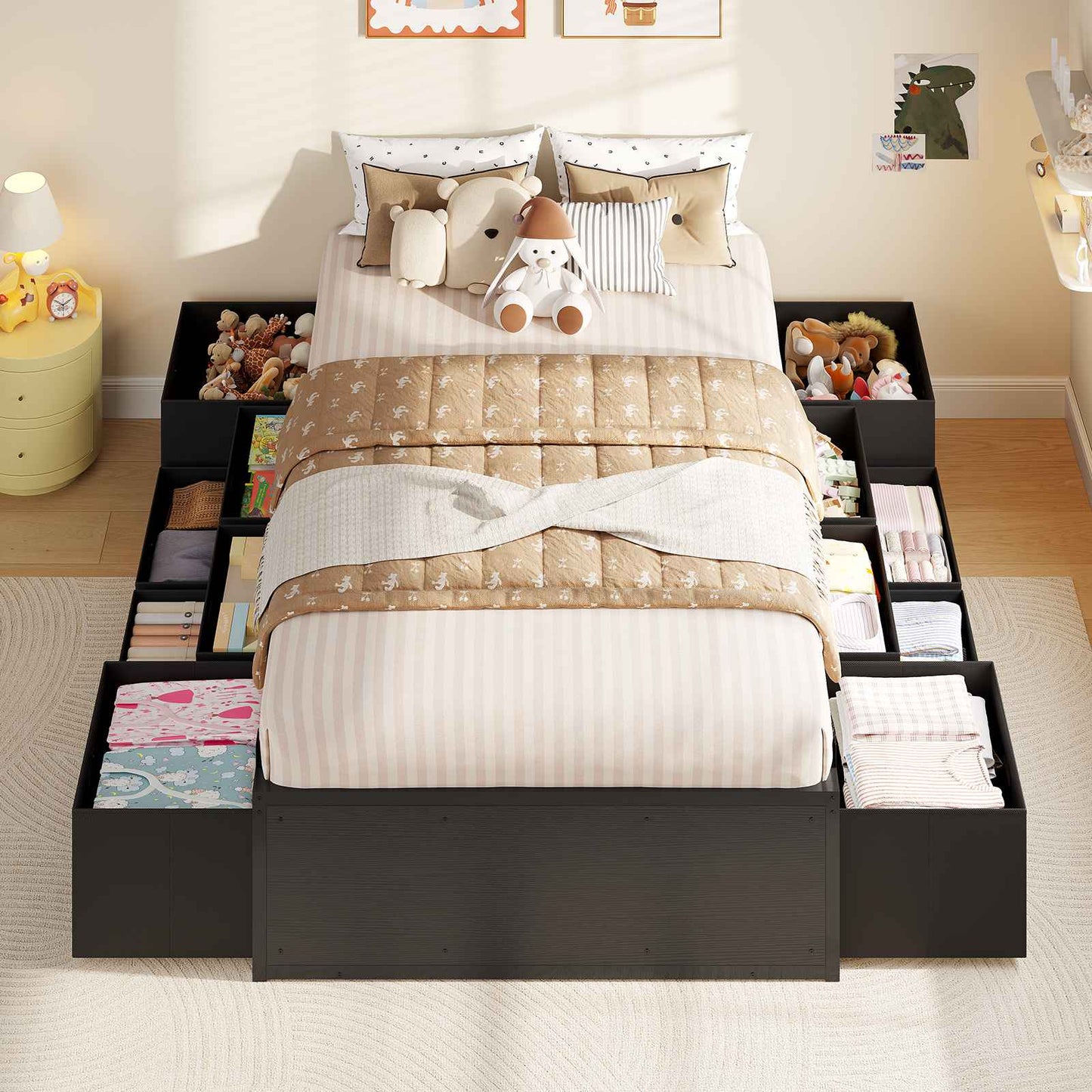 ADORNEVE Twin Bed Frames with 12 Storage Drawers Metal Bed Frame with Steel Slat Support and Footboard
