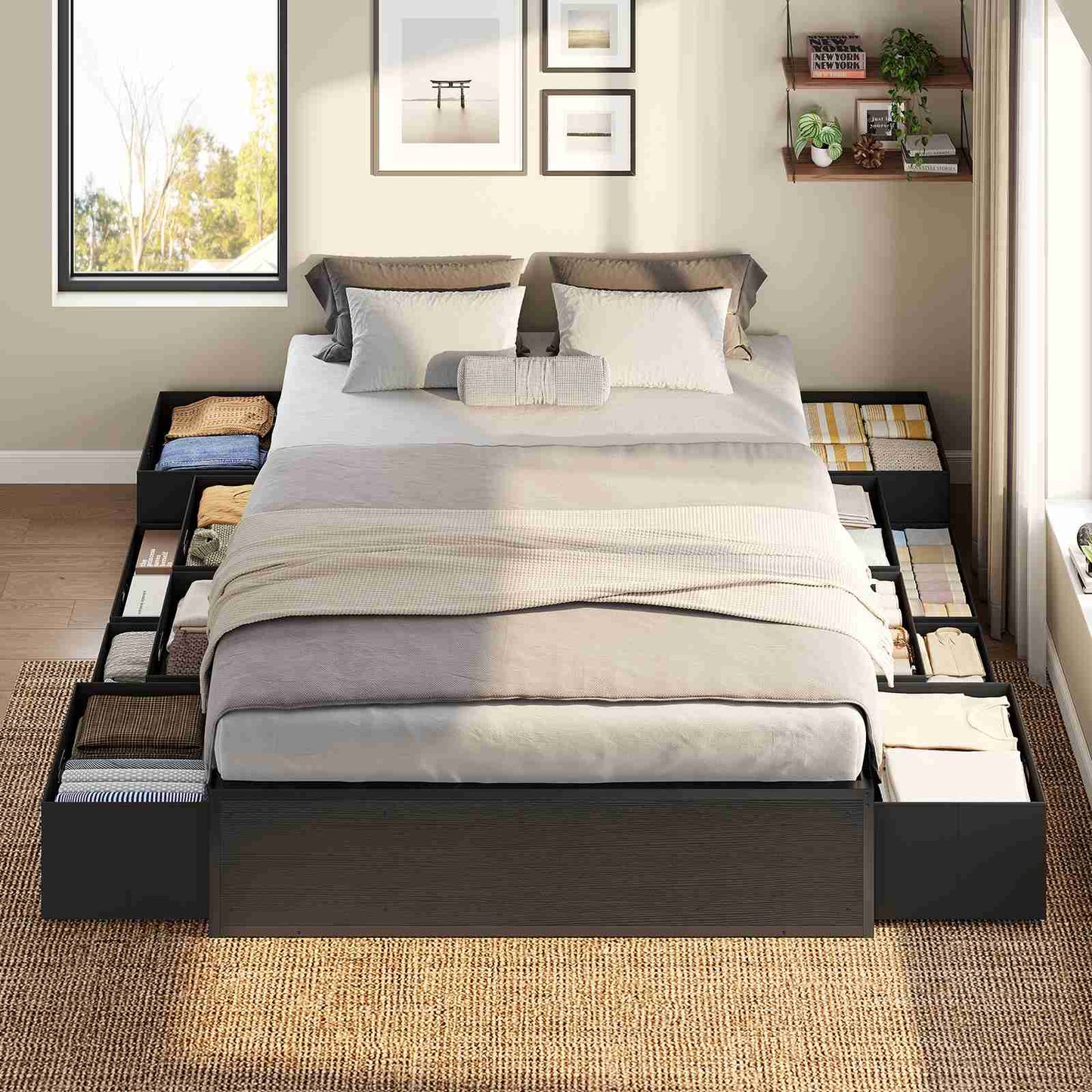 ADORNEVE Full Size Bed Frame with 12 Storage Drawers Metal Platform Bed Frame with Steel Slat Support and Footboard for Teen Adult
