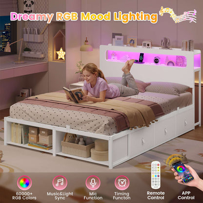 ADORNEVE Bed Frame Full Size with 6 Storage Drawers and RGB Headboard Kids Bed with Power Outlets and 2 Footboard Cubbies