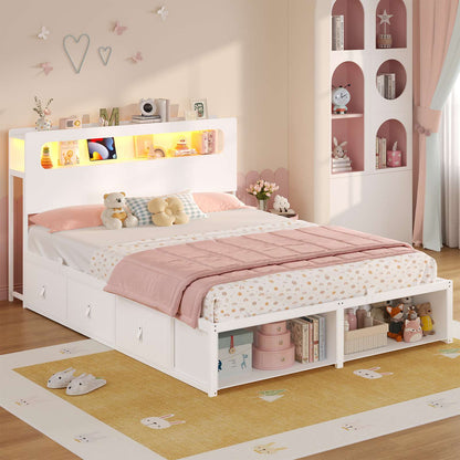 ADORNEVE Bed Frame Full Size with 6 Storage Drawers and RGB Headboard Kids Bed with Power Outlets and 2 Footboard Cubbies