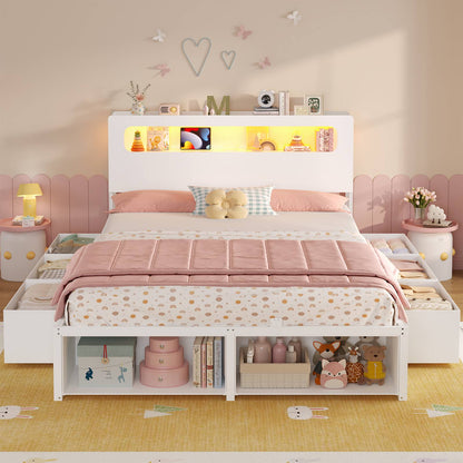 ADORNEVE Bed Frame Full Size with 6 Storage Drawers and RGB Headboard Kids Bed with Power Outlets and 2 Footboard Cubbies