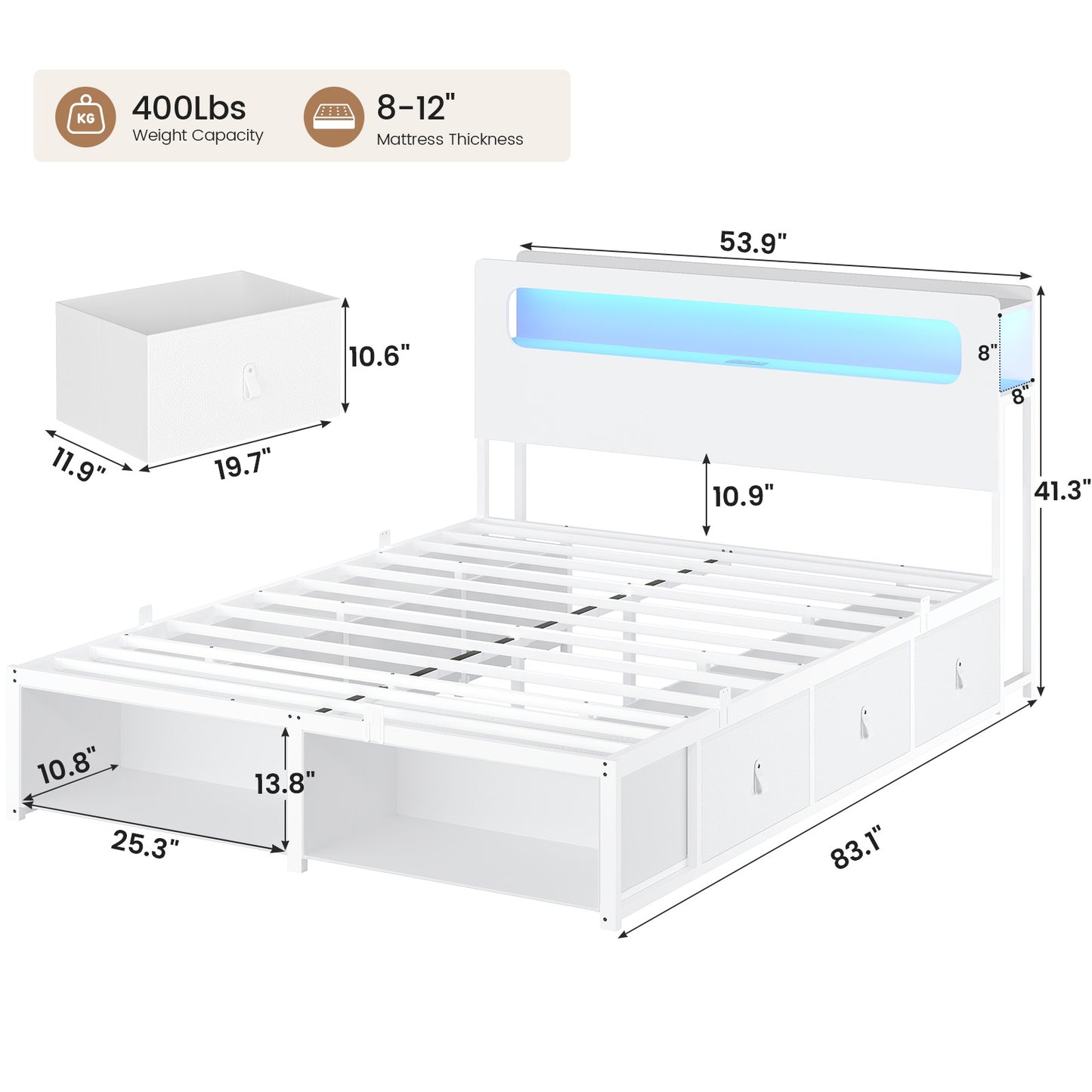 ADORNEVE Bed Frame Full Size with 6 Storage Drawers and RGB Headboard Kids Bed with Power Outlets and 2 Footboard Cubbies