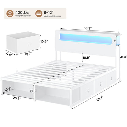 ADORNEVE Bed Frame Full Size with 6 Storage Drawers and RGB Headboard Kids Bed with Power Outlets and 2 Footboard Cubbies